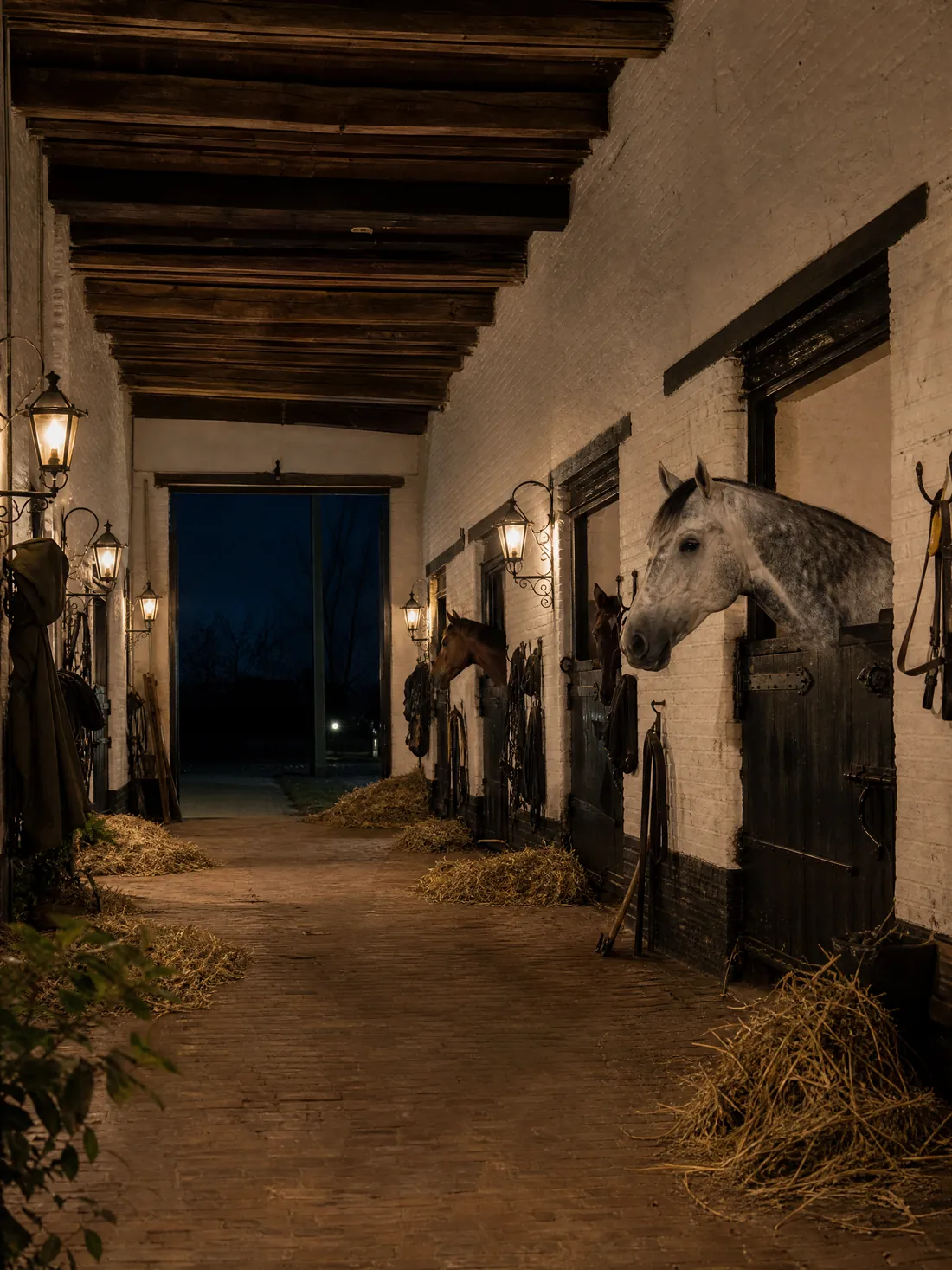 L'allée de l'écurie la nuit, lanternes allumées